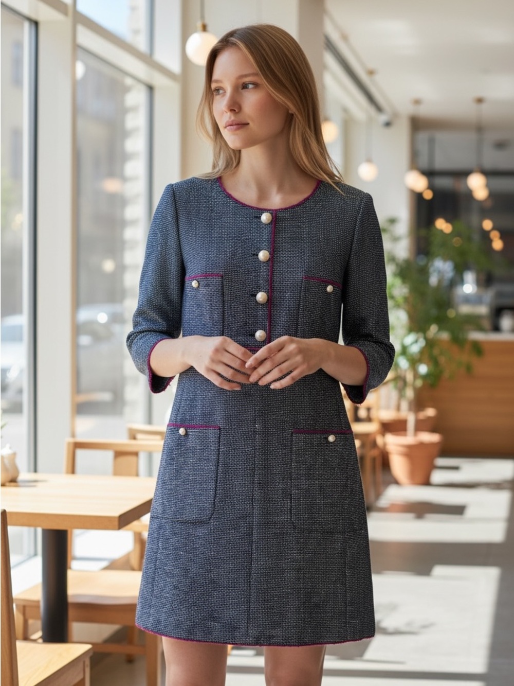 CHANEL Navy Tweed Long Sleeve Shift Dress with Pink Trim
